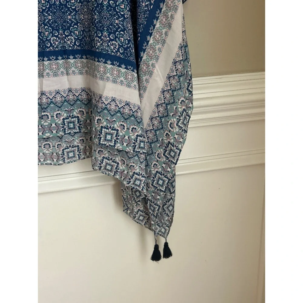 J.Jill Blue‎ Medallion Floral Tassel Poncho Topper XL-3X Resortwear Boho Travel